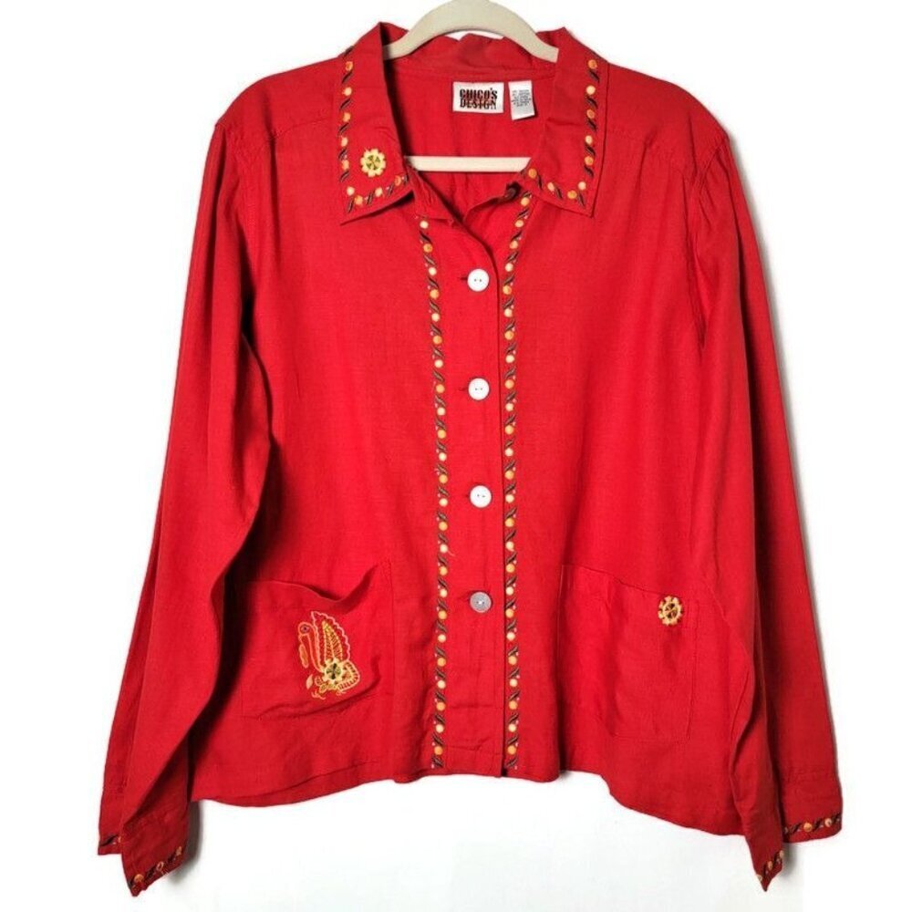 VTG Chico's Red Linen Blend Bird Embroidered Long Sleeve Button Up Shirt Top 2